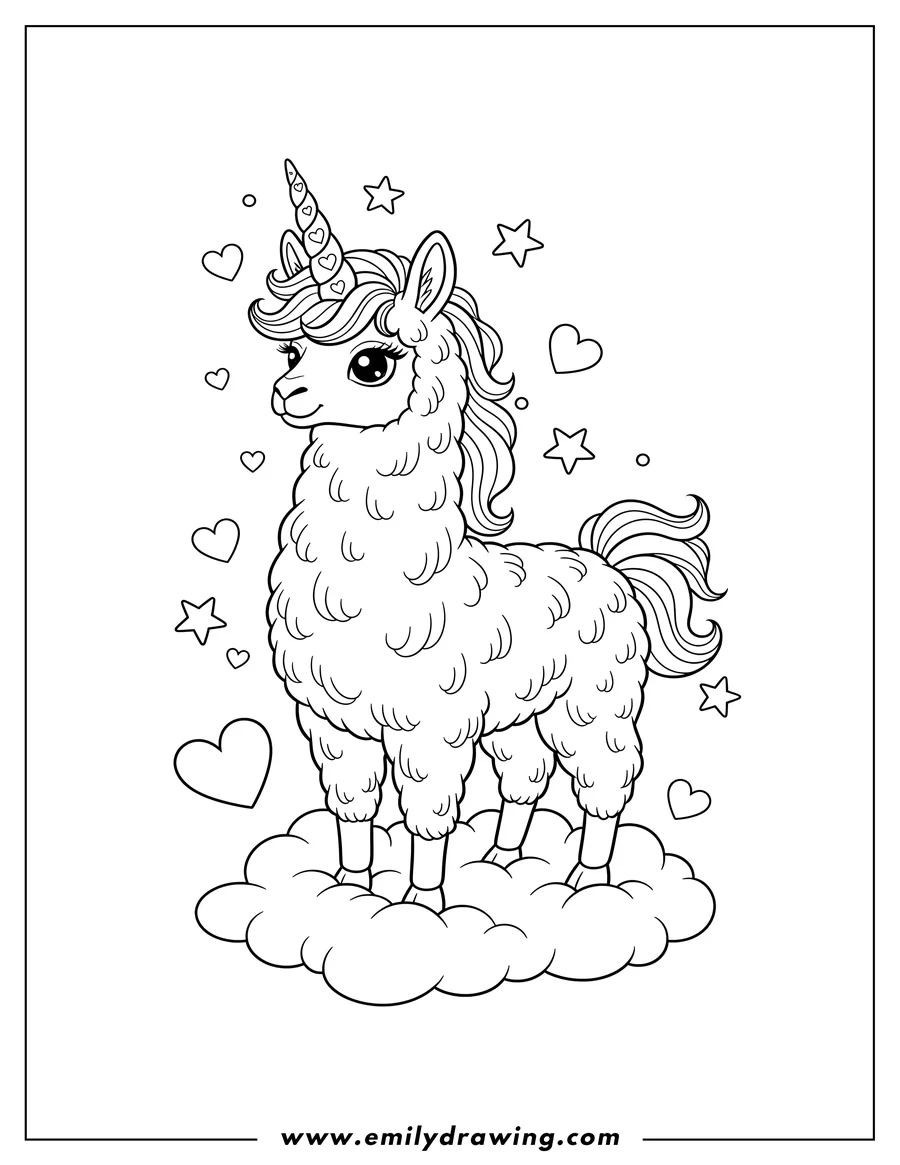 Black and white line art of fluffy mystical llama unicorn standing on clouds with love hearts and stars