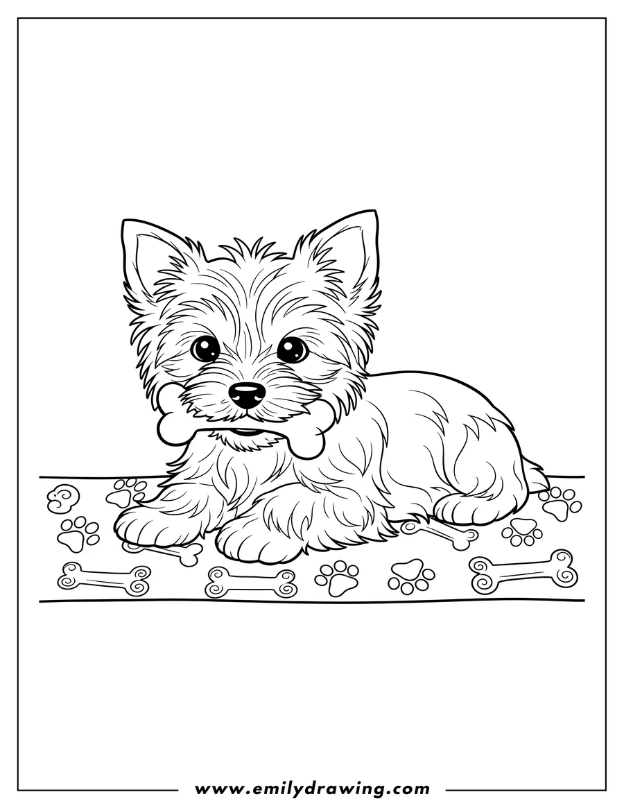 Downloadable coloring page of fluffy Yorkie puppy lying down, holding a bone in its mouth on a patterned carpet