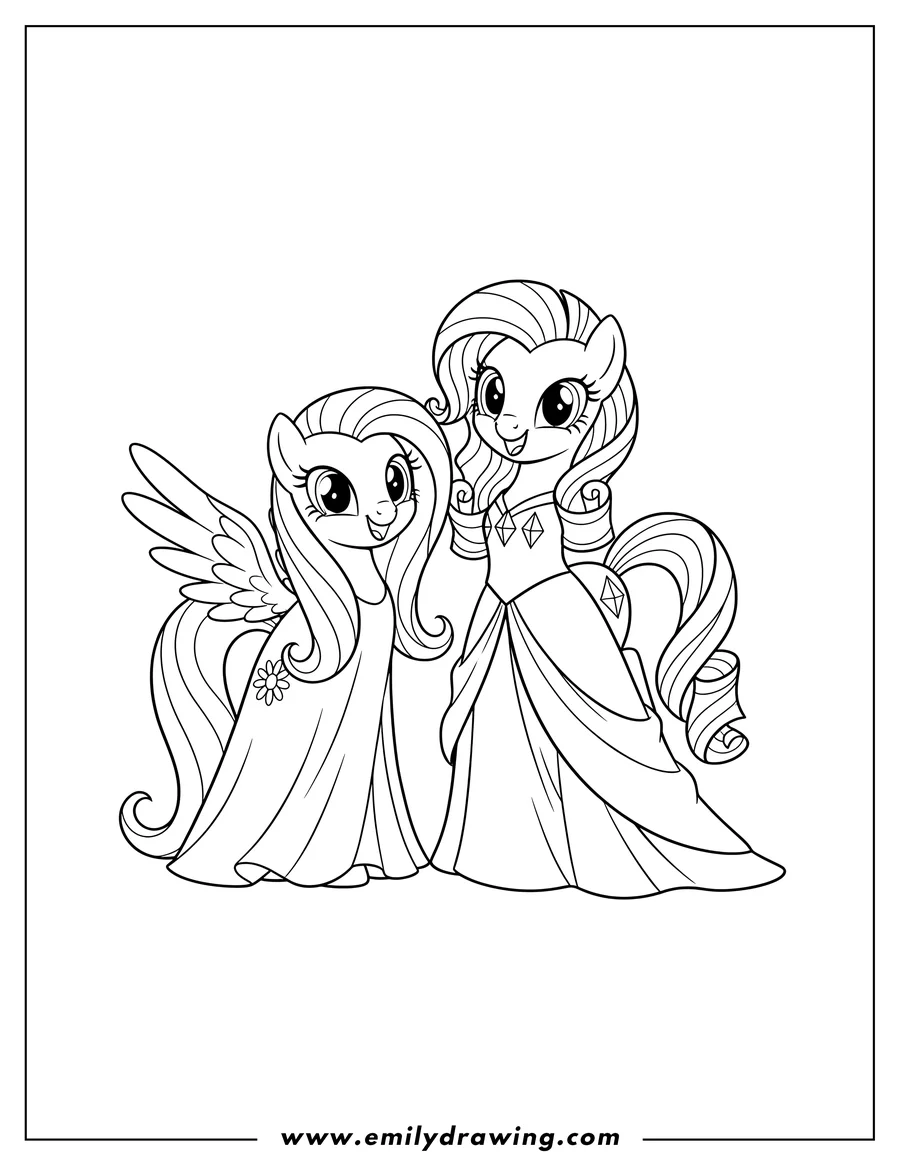 Linear illustration of cute Fluttershy and Rarity standing and smiling