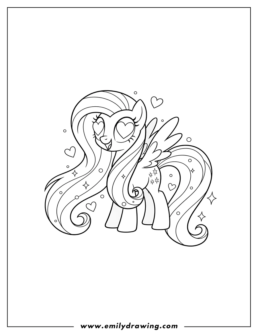 Printable coloring page of fluttershy Sparkling With Heart Eyes, with small wings and a long, flowing mane and tail