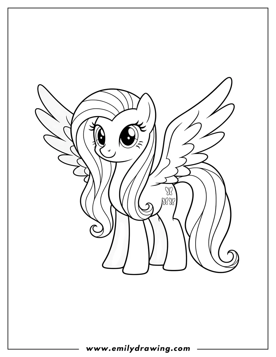Printable line art of fluttershy Tv Shows, a winged pony with a gentle smile