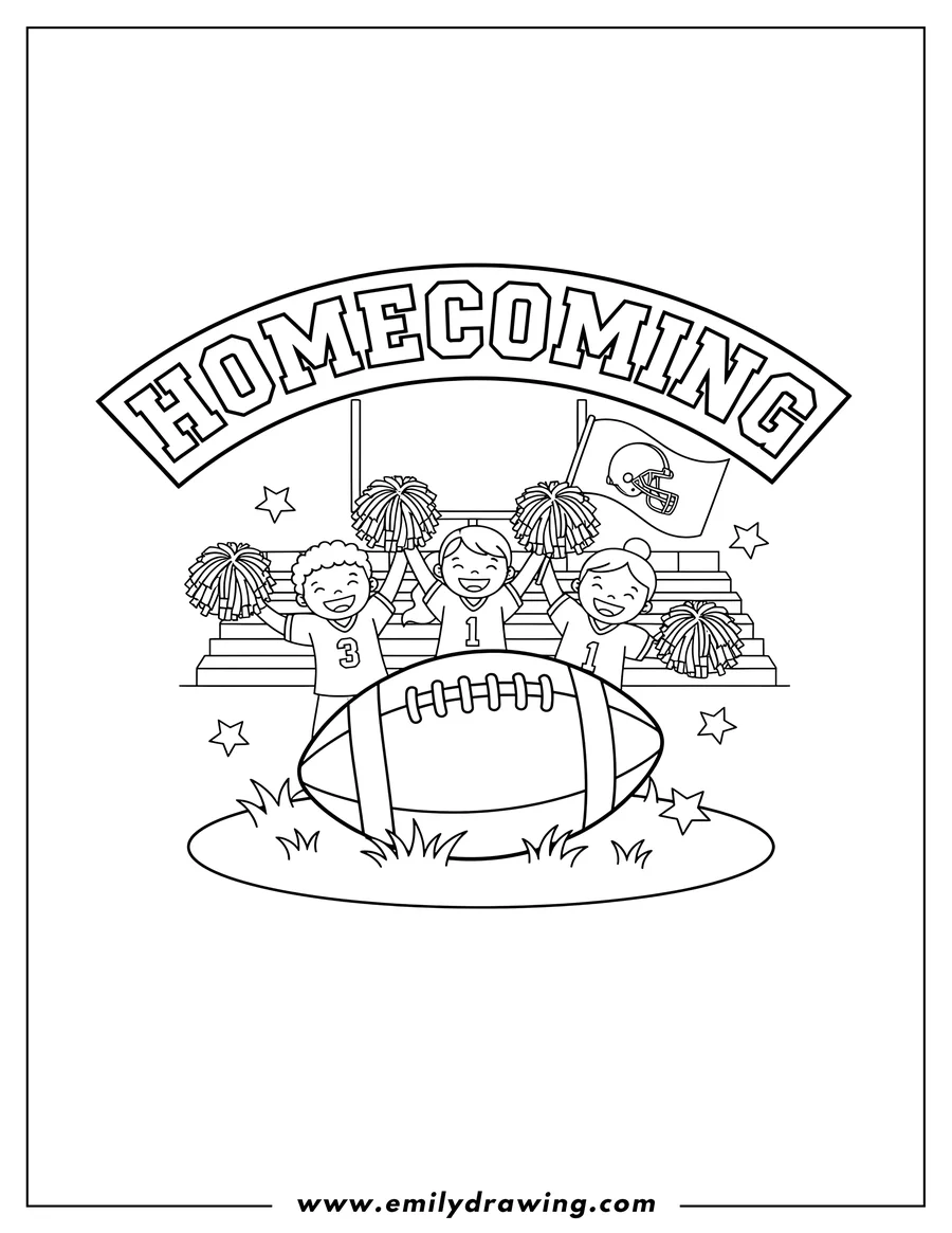 Free to print drawing of football Homecoming with arched 'HOMECOMING' text over a football