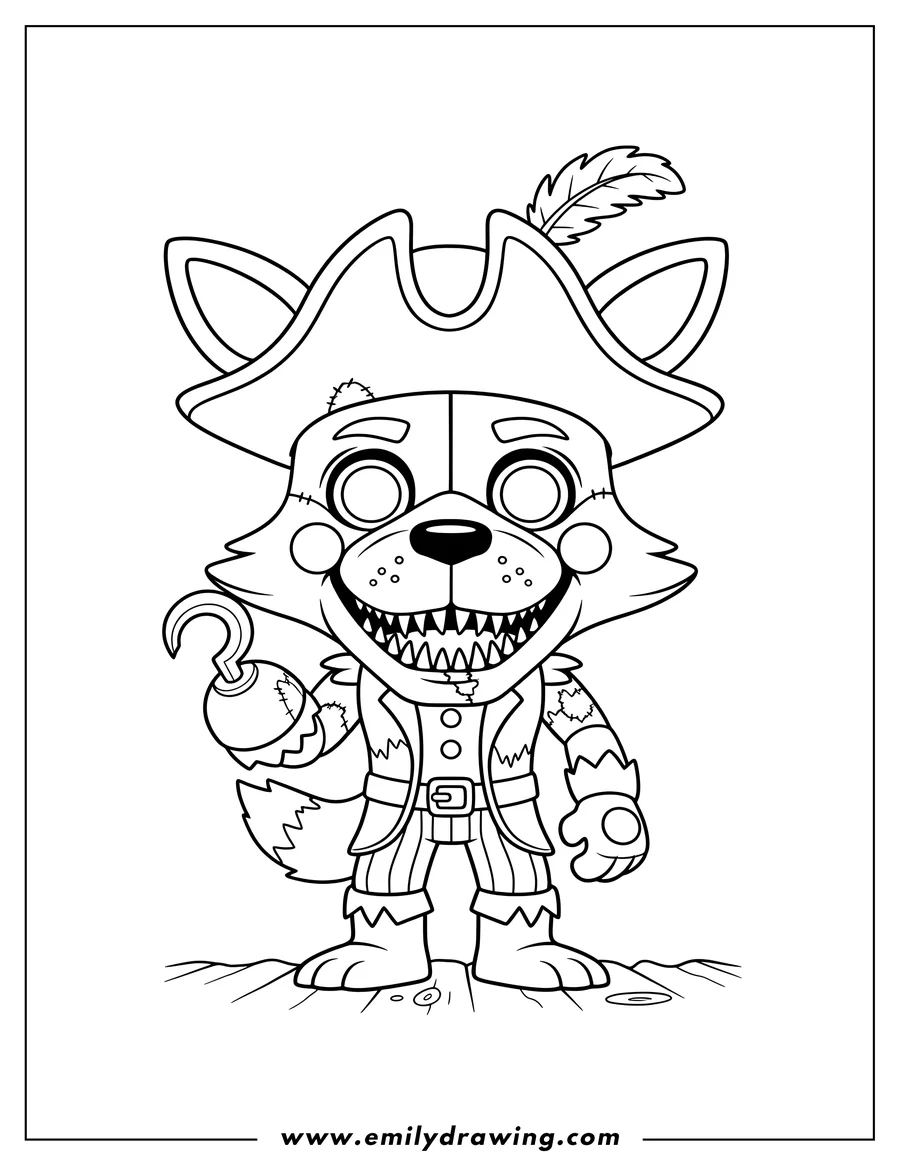 Outline drawing of five Nights At Freddy S Foxy Pirate Funko Pop standing, with a hook hand and sharp teeth