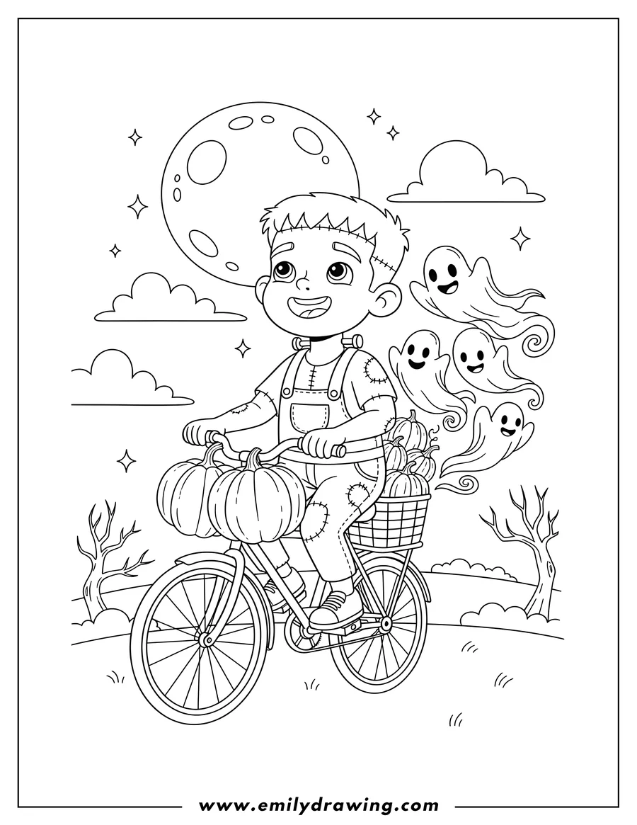 Free to print drawing of cute Frankenstein boy riding bicycle with pumpkins and ghosts on full moon