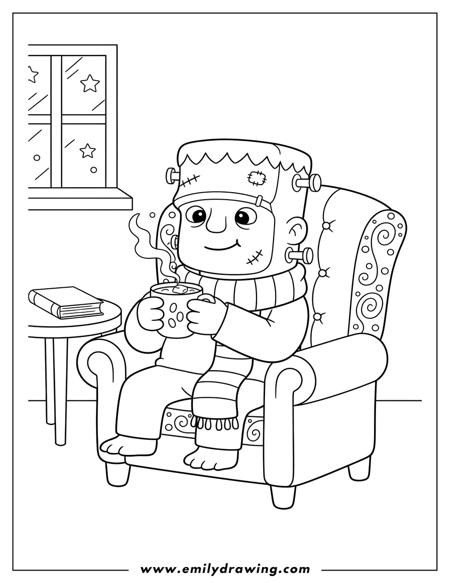 Outline drawing of cozy, cute Frankenstein monster in a striped scarf, sitting in an armchair and sipping hot chocolate