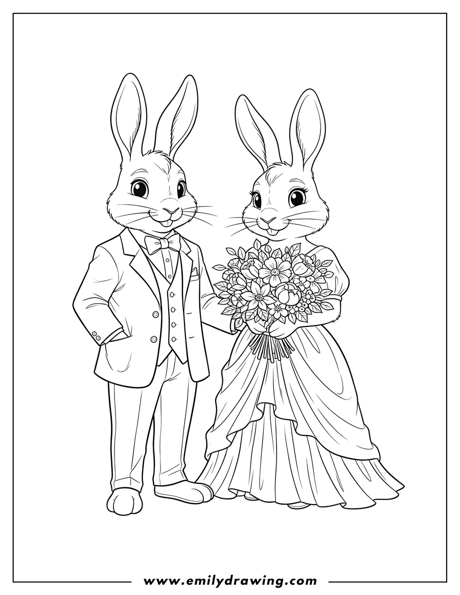 Black and white line art of easy Frasier And Teri Chocolate Rabbit, he in a suit, she in a dress holding a flower bouquet