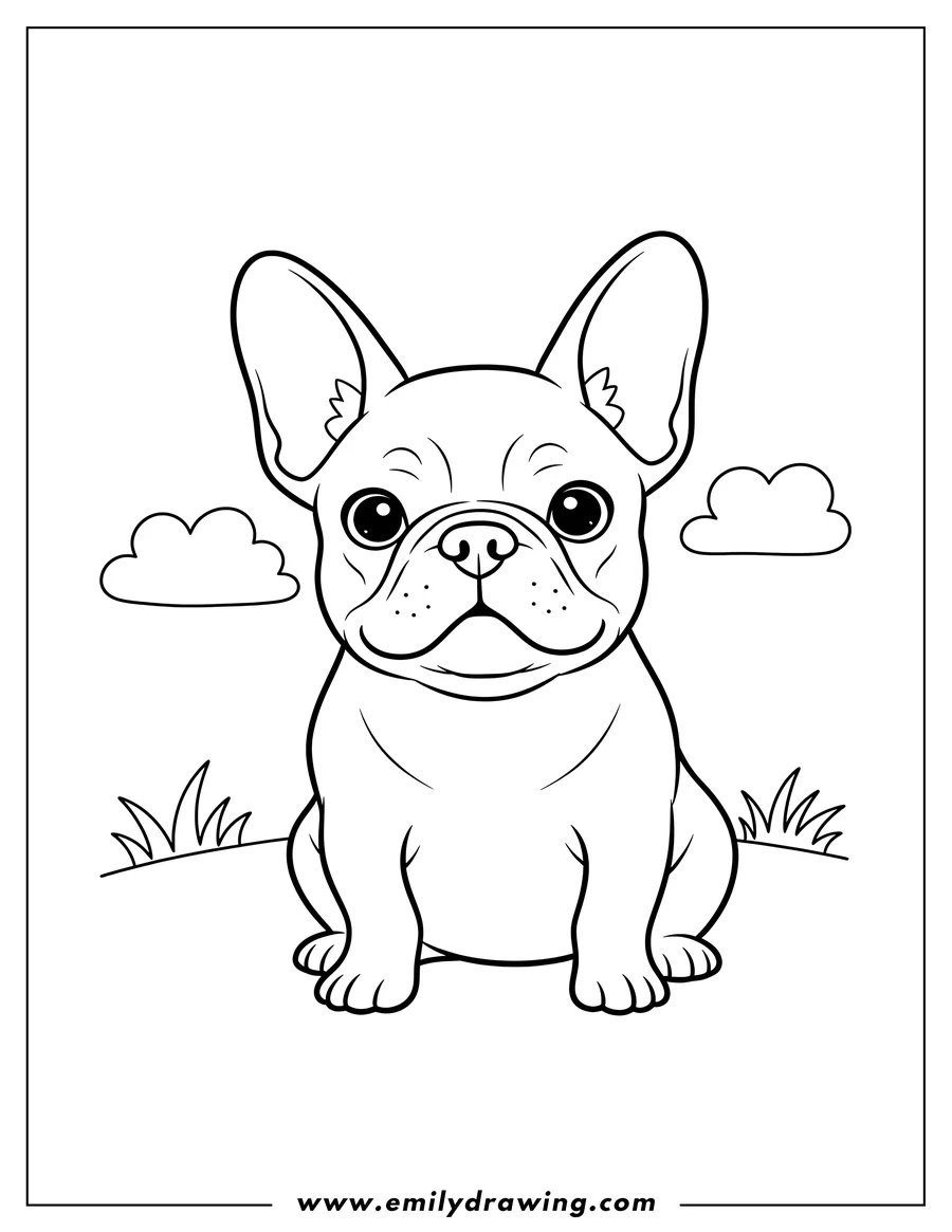 Clean line drawing: cute French Bulldog sitting, front view, with big ears, for preschoolers