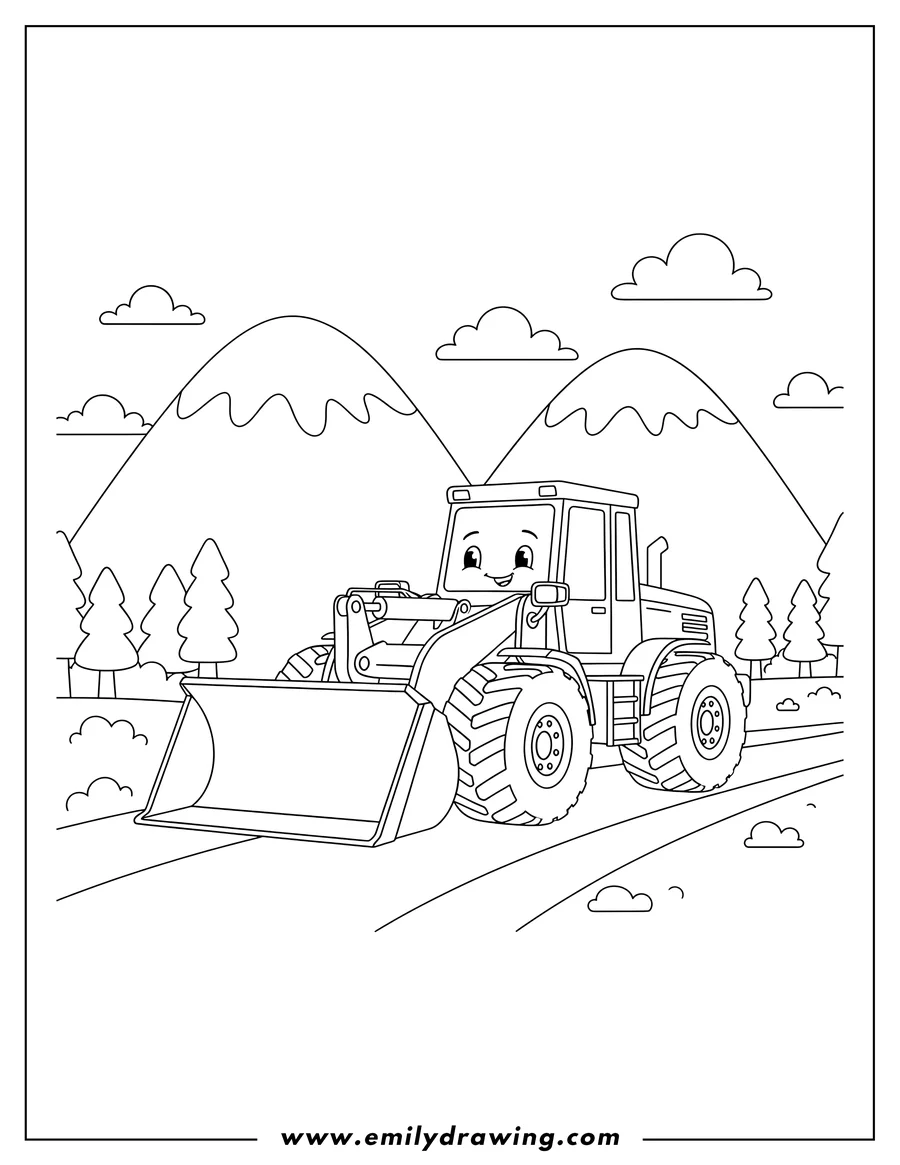 Full page coloring image of front-end loader parked in mountainous terrain