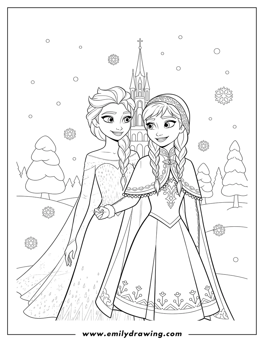Free to print drawing of frozen Anna And Elsa Winter, smiling together