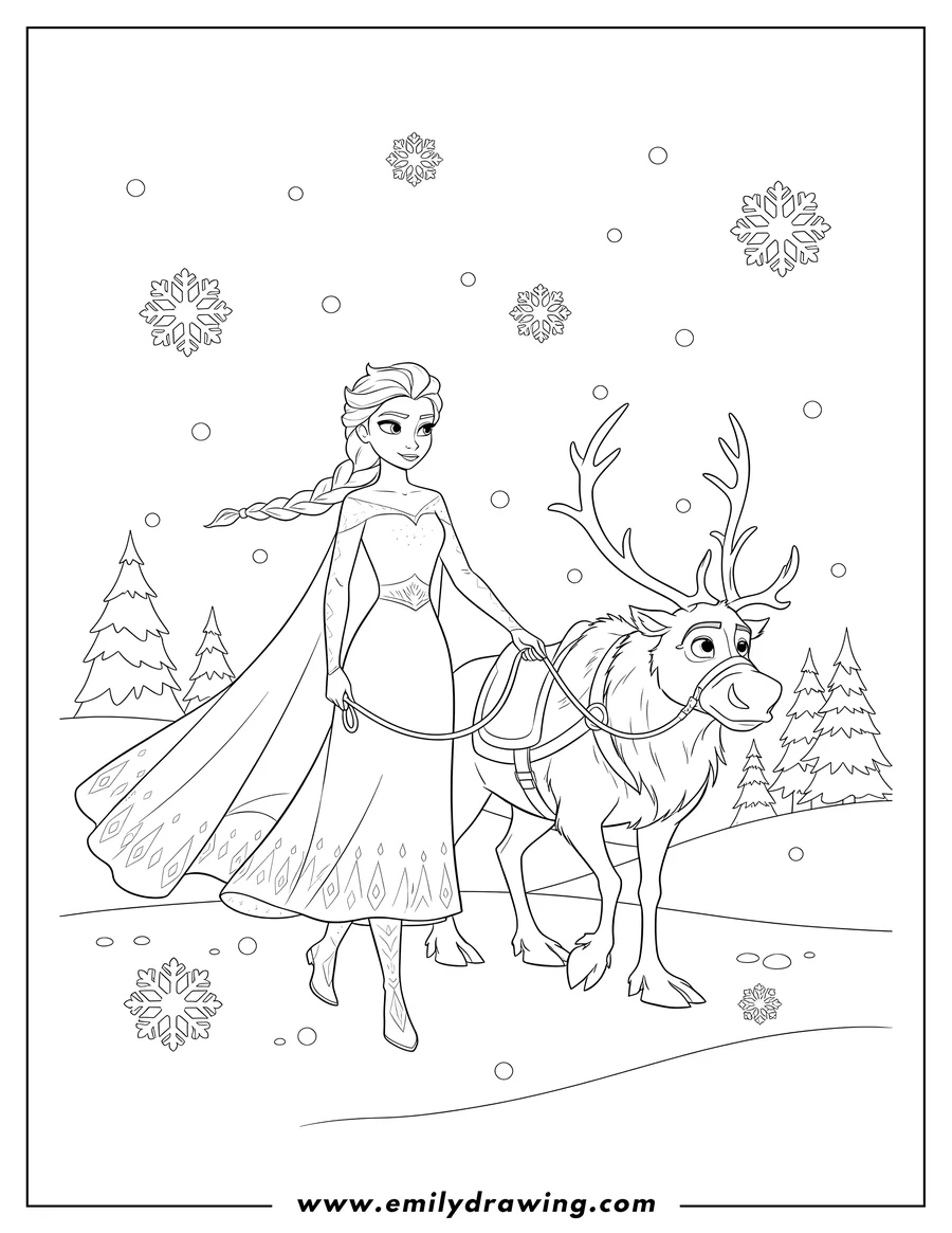 Free to print drawing of frozen Elsa walking and holding Sven's rein in a Snowy Landscape