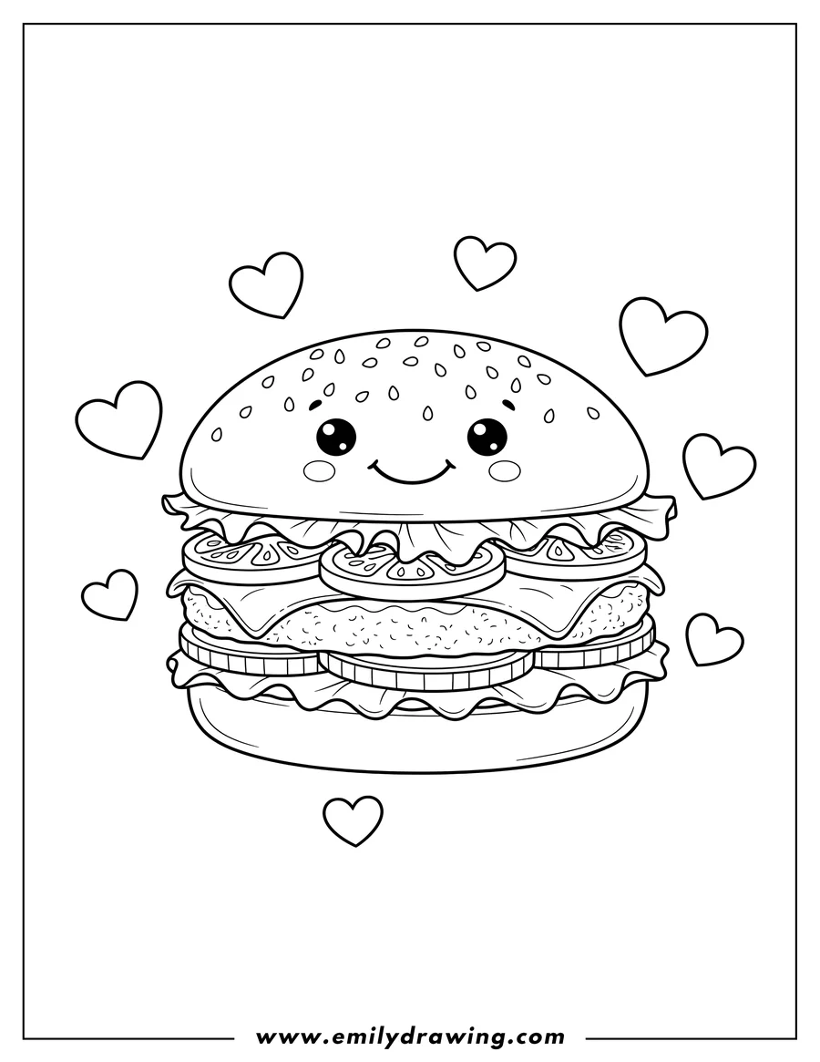 Vector style outline of full Burgers With Hearts, coloring page, with sesame seeds