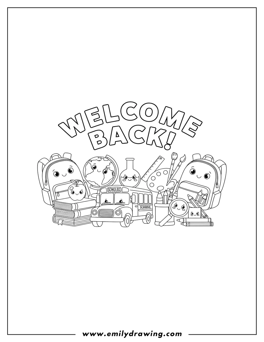 Free printable coloring sheet of full Welcome Back To School, featuring 'Welcome Back!' text surrounded by school supplies
