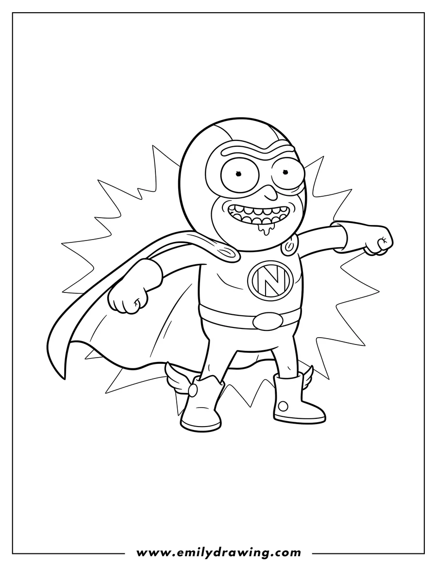 Black and white line art of fun Noob Noob from Rick and Morty in a superhero costume with outstretched arms