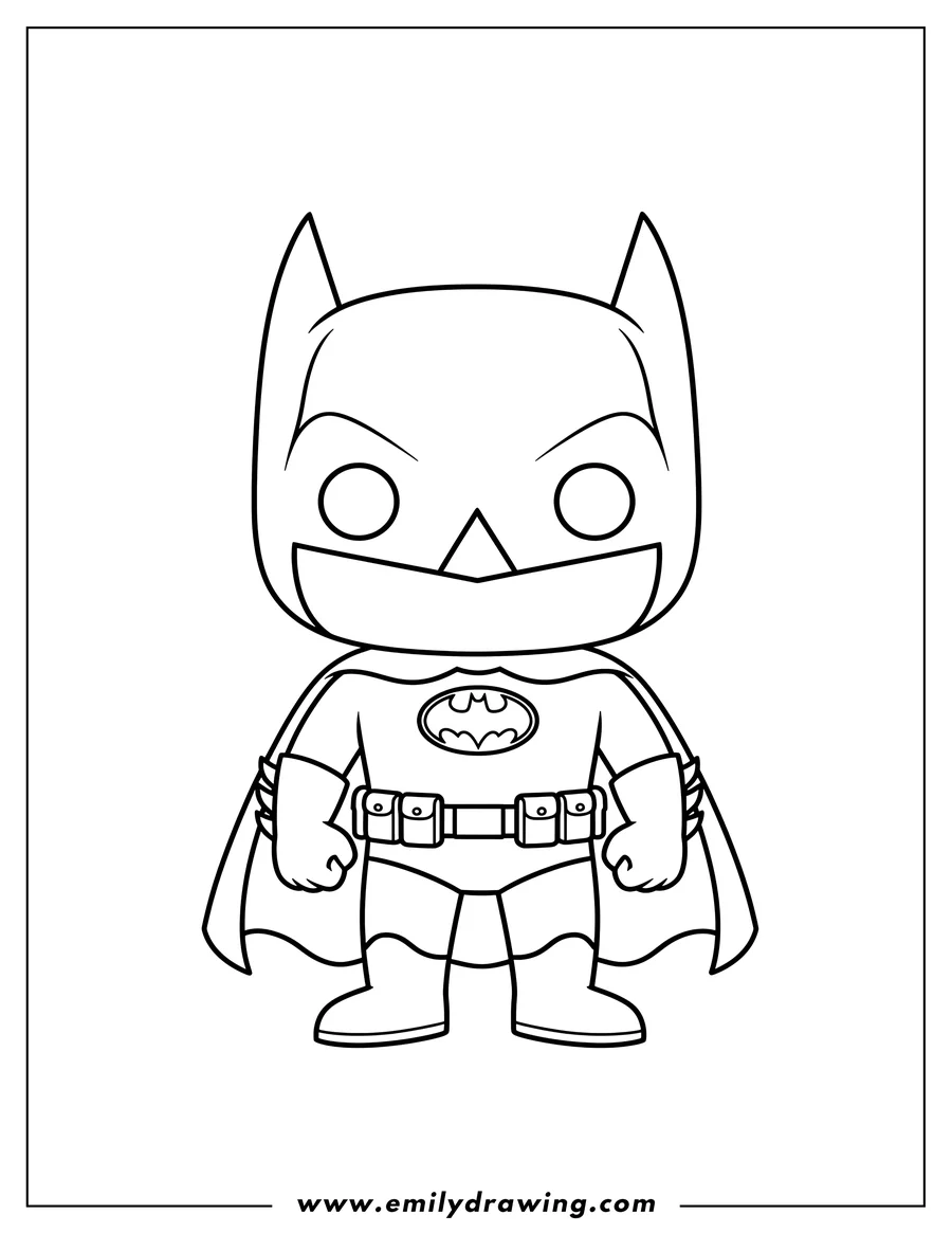 Coloring sheet featuring cute Funko Pop Scaled Batman standing
