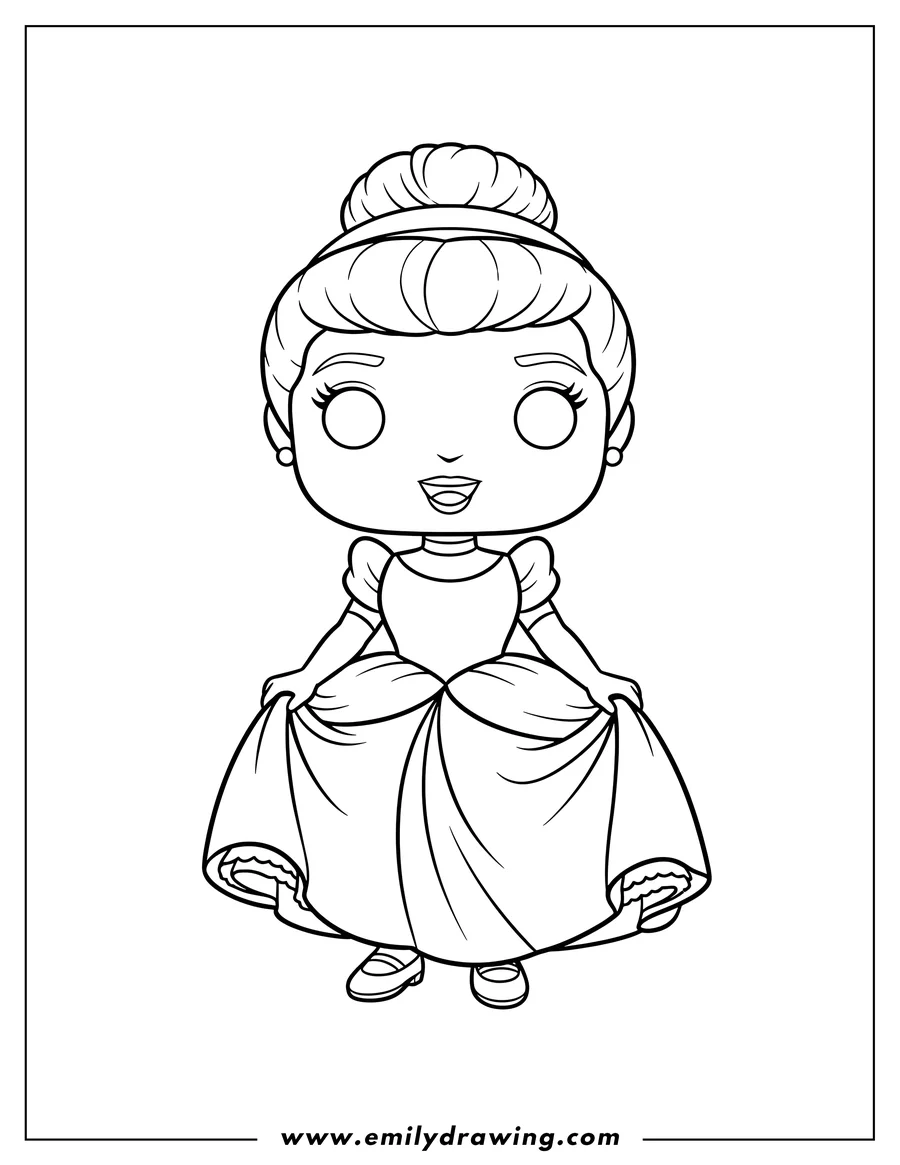 Downloadable coloring page of funko Pop Cinderella Preschoolers holding her dress