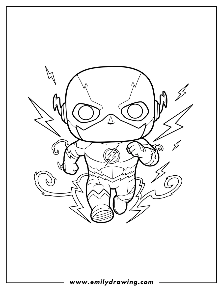 Black and white line art of cute Funko Pop Flash To Color, in a dynamic pose with lightning bolt details