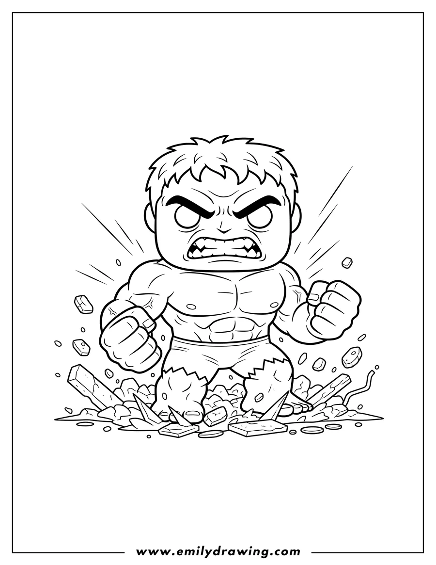 Simple sketch of funko Pop Hulk Scaled, with an angry expression and scattered debris to color