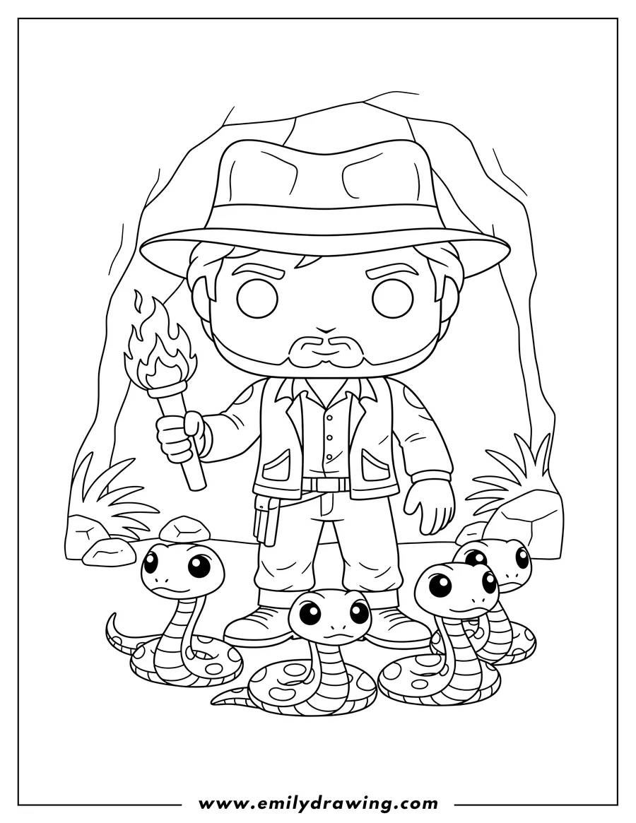 Clean line drawing: funko Pop Indiana Jones holding a torch, wearing a fedora, with snakes at his feet