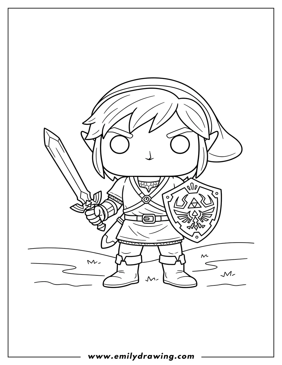 Downloadable coloring page of funko Pop Link from Zelda holding a shield and a sword