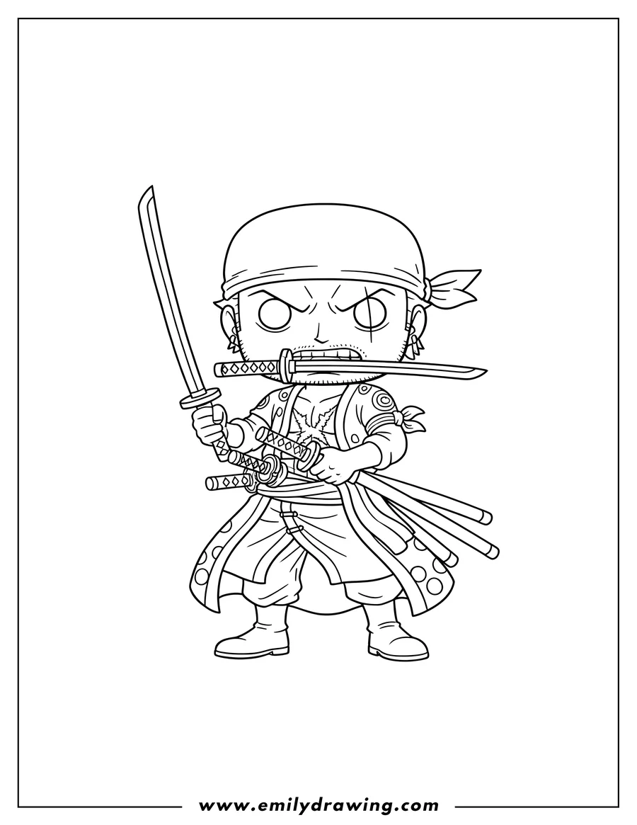 Coloring page for kids: funko Pop One Piece Zoro with three swords, one in his mouth