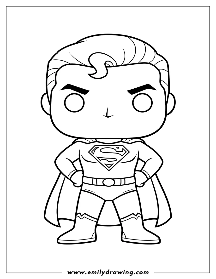 Coloring page for kids: cute Funko Pop Superman standing with hands on hips, wearing his classic suit and cape