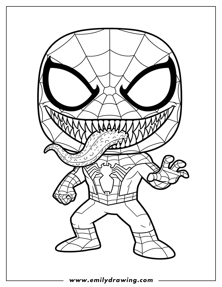 Downloadable coloring page of funko Pop Venom in a Spider-Man suit with fangs and tongue