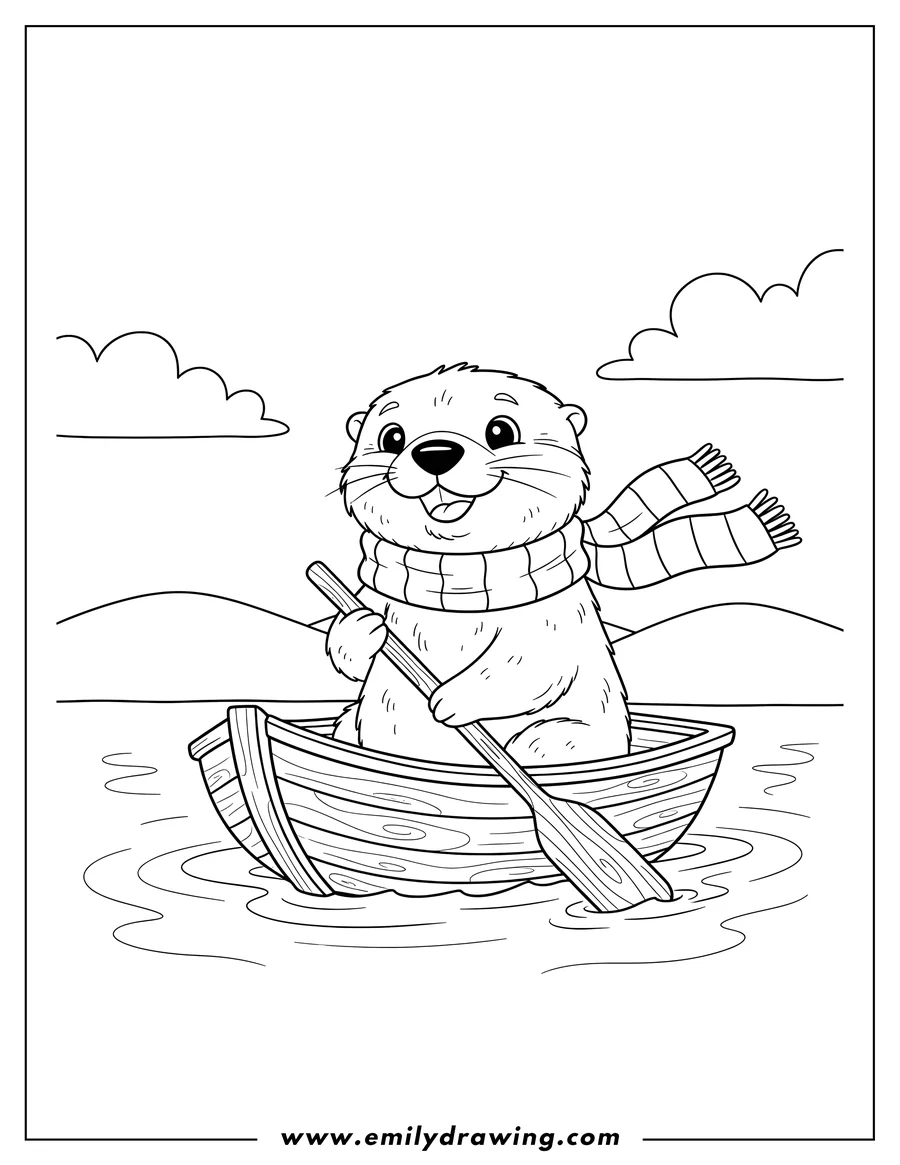 Coloring sheet featuring cute furry otter with a scarf, sitting in a boat and happily paddling on a lake