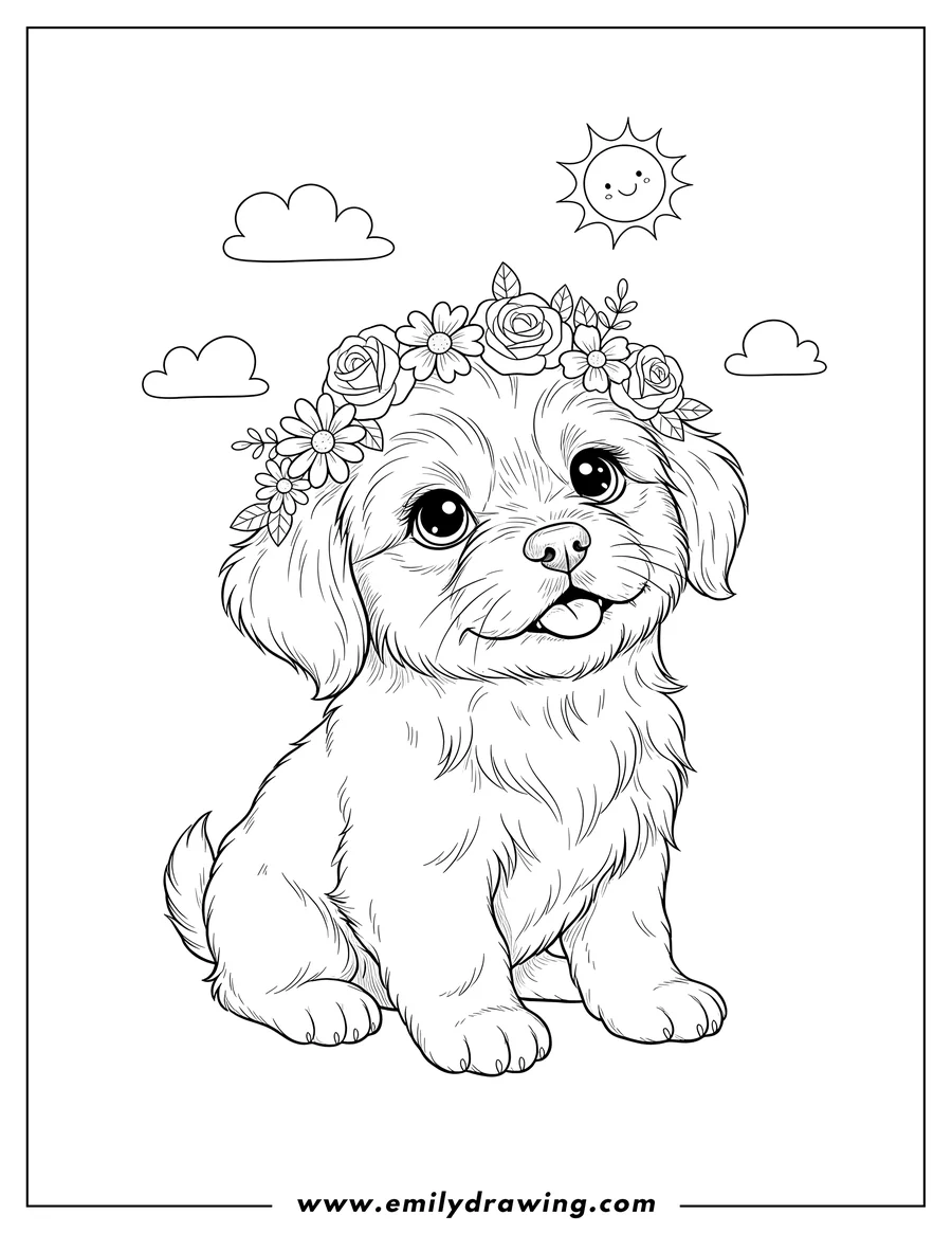 Doodle style coloring picture of cute Furry Puppy Sitting Wearing Flower Wreath and Looking Up