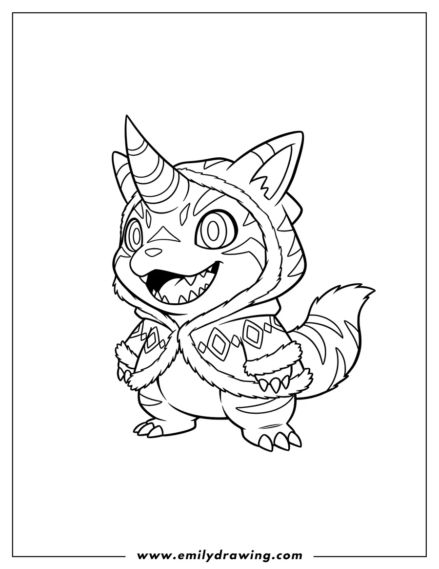 Outline drawing of cute Gabumon with a horn and stripes, showing sharp teeth