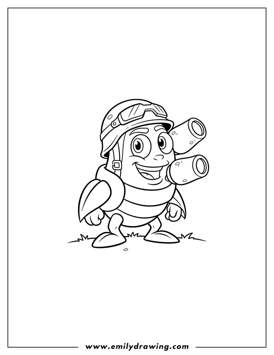 Linear illustration of gatling Pea from Plants Vs Zombies wearing a helmet