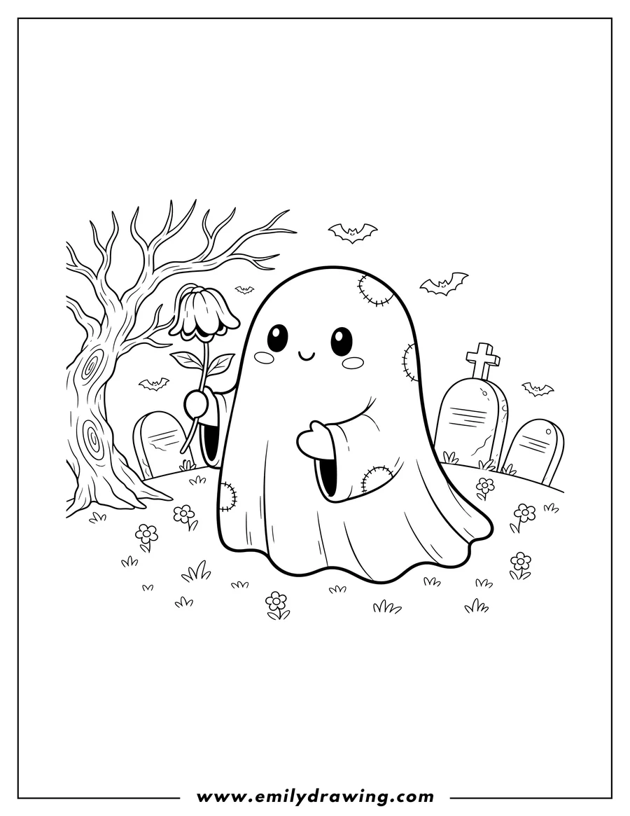 Coloring sheet featuring cute Ghost Child Holding Single Flower Graveyard