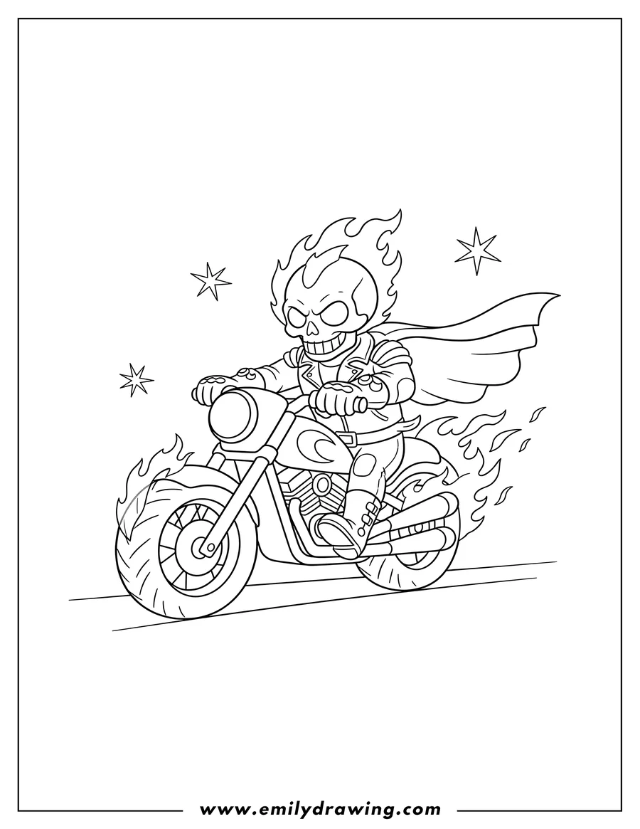 Doodle style coloring picture of ghost Rider Superhero riding a flaming motorcycle