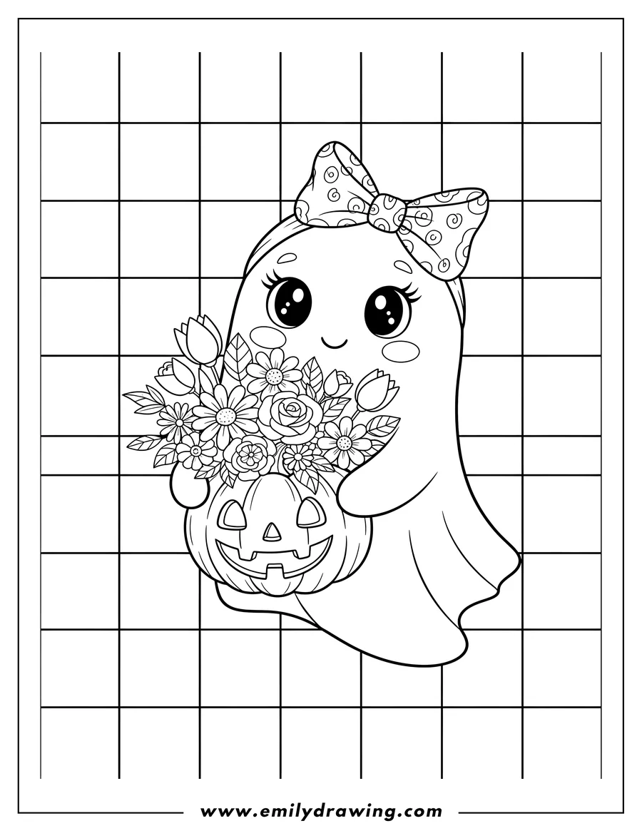 Doodle style coloring picture of cute Ghost with a bow on its head Holding Jack O Lantern With Flowers And Checkered Background Halloween Adults