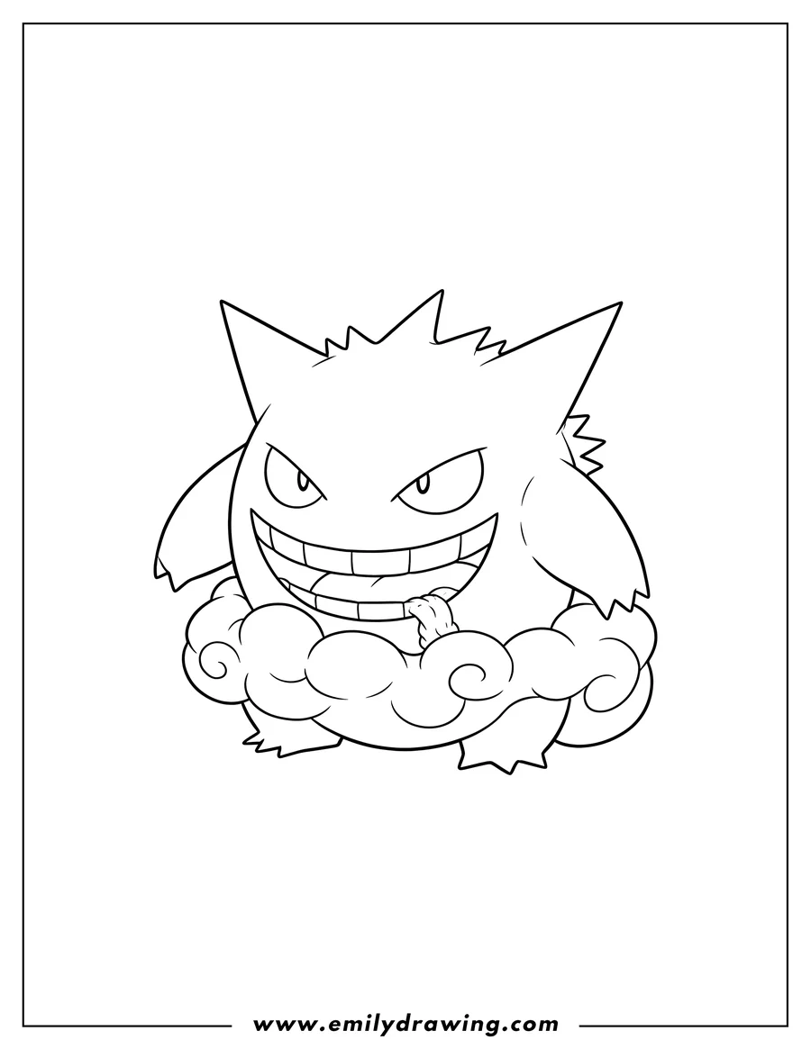 Printable coloring page of cute Gigantamax Gengar grinning with its arm inside its body