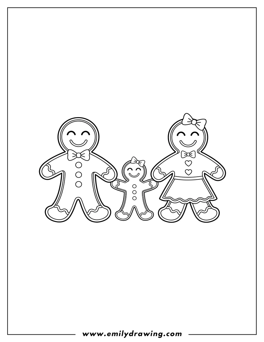 Coloring page for kids: A cute gingerbread family of four holding hands, with bows and buttons, and happy closed eyes, including two preschoolers