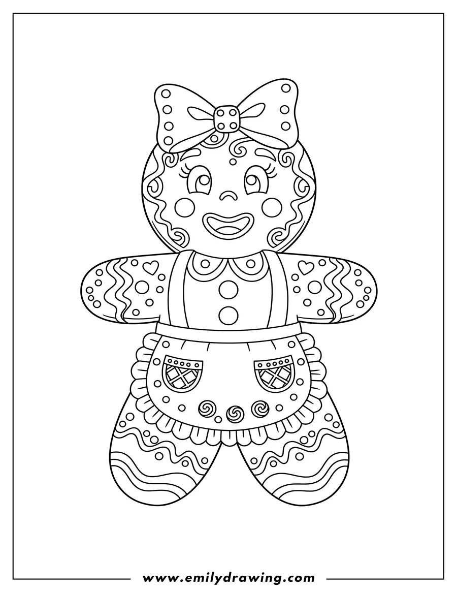 Linear illustration of gingerbread Lady with a bow, apron, and icing details