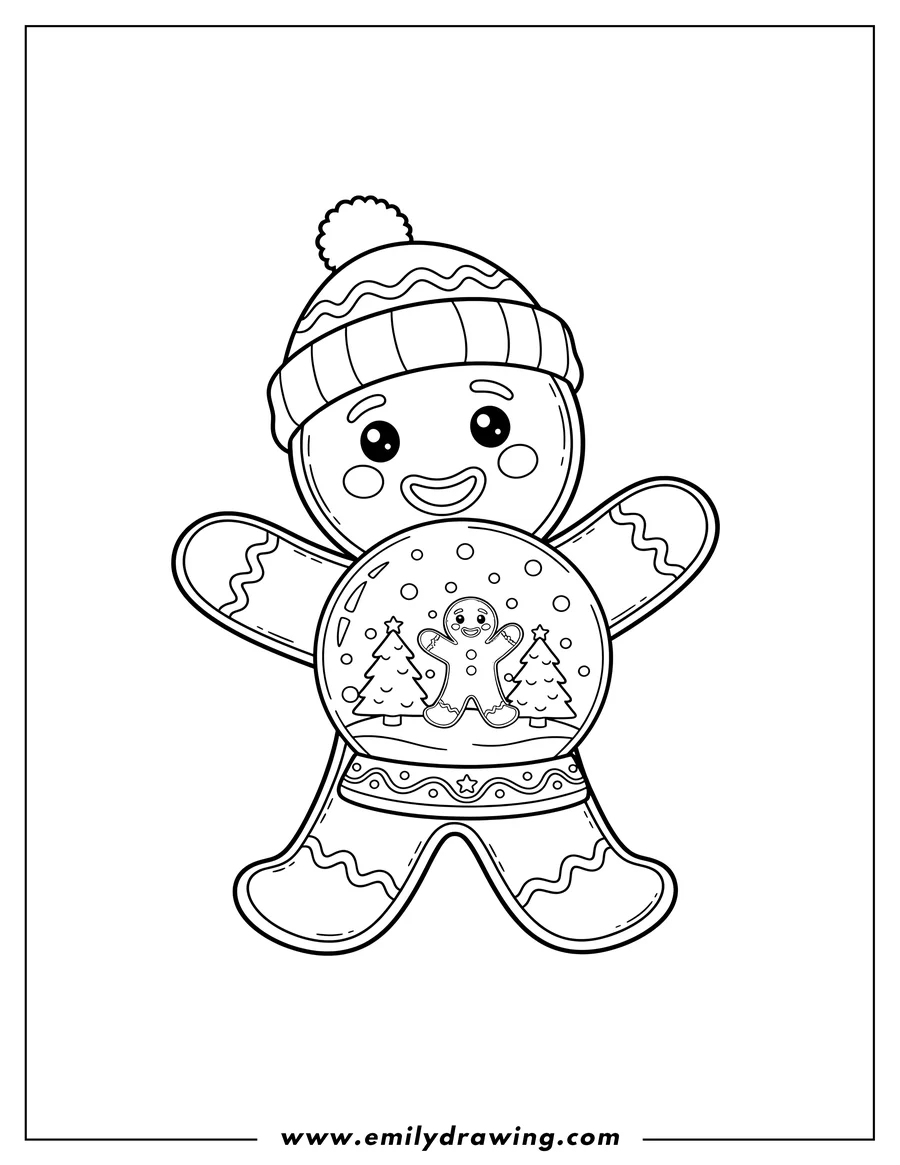 Outline drawing of gingerbread man with a hat, happily holding a Christmas snow globe with a small gingerbread man and Christmas trees inside