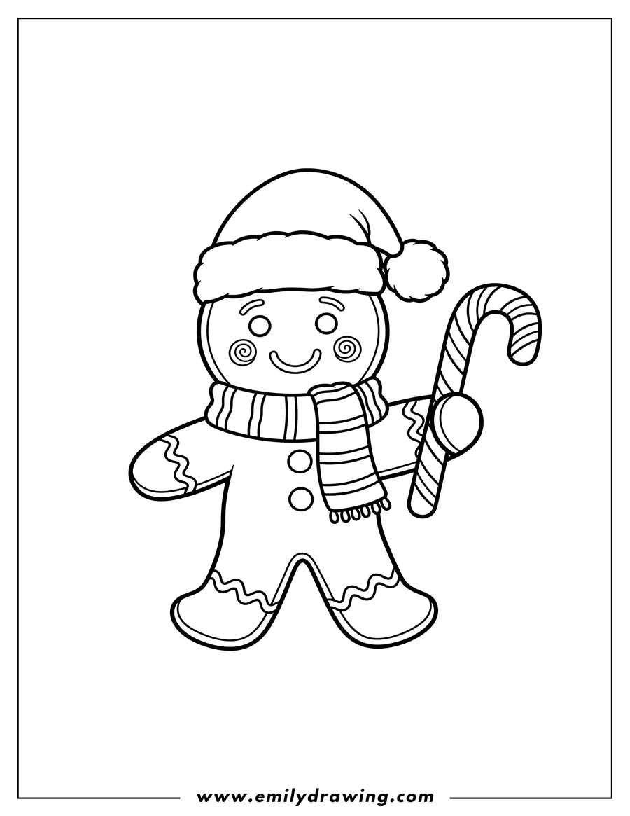 Free to print drawing of cute Gingerbread Man Wearing Santa Hat and Striped Scarf Holding Candy Cane To Color Scaled