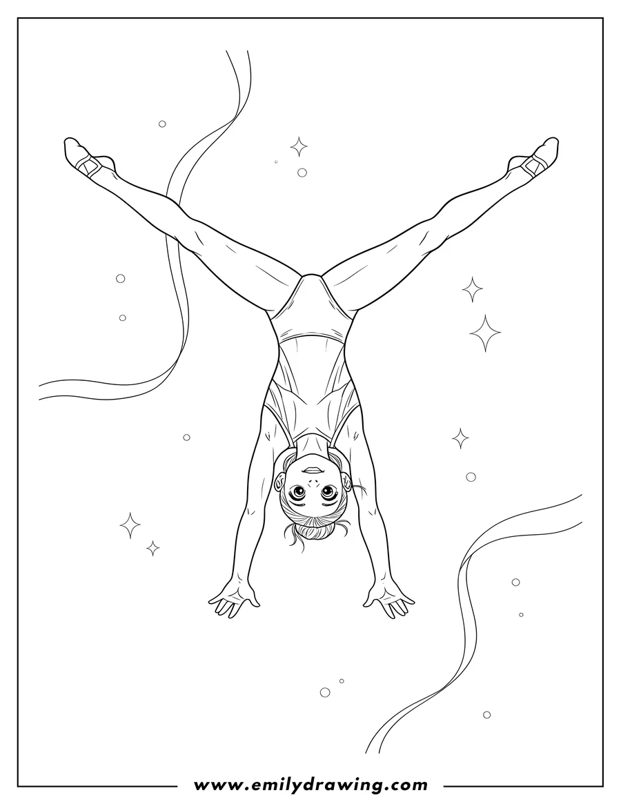 Downloadable coloring page of girl Gymnast Doing Split Mid Air, Inverted
