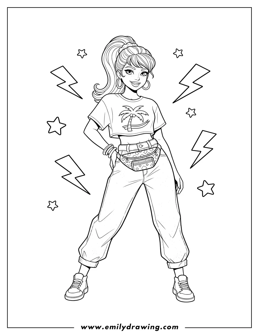 Printable coloring page of girl 80S Retro Fashion wearing a palm tree crop top