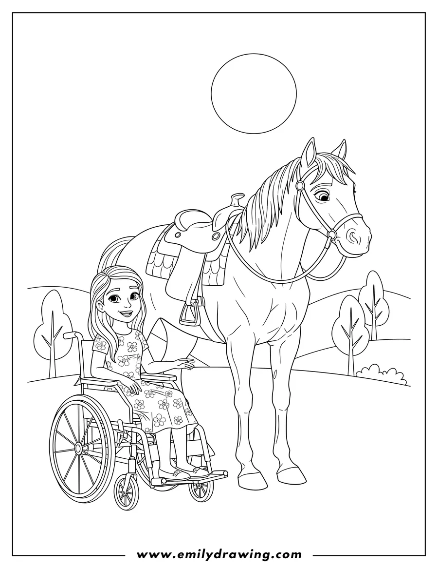 Downloadable coloring page of girl in wheelchair next to a saddled Spirit horse