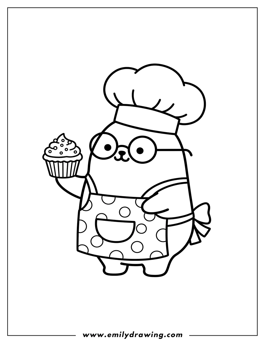 Black and white line art of girl Molang wearing glasses, a chef's hat, and a polka-dot apron, holding a sprinkled cupcake