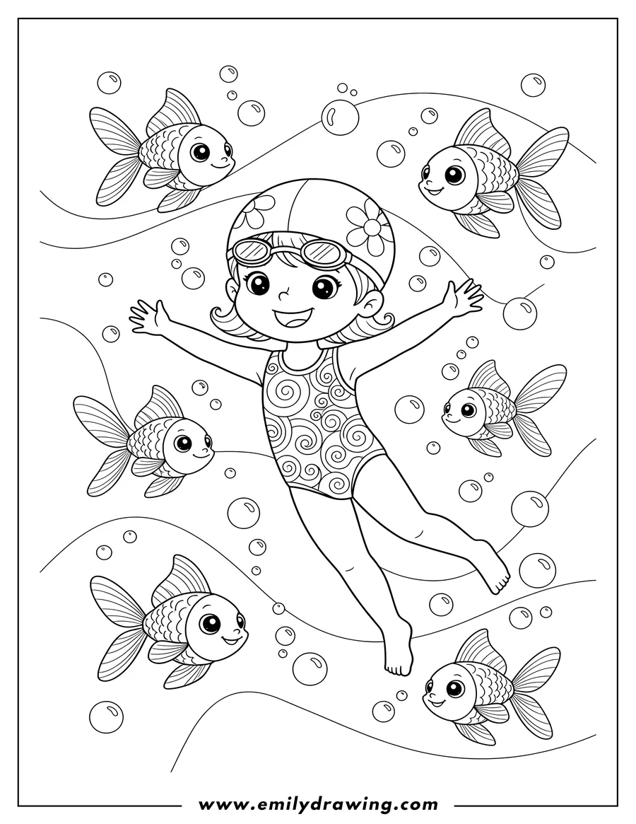 Linear illustration of cute Girl Goldfish Preschoolers swimming among bubbles
