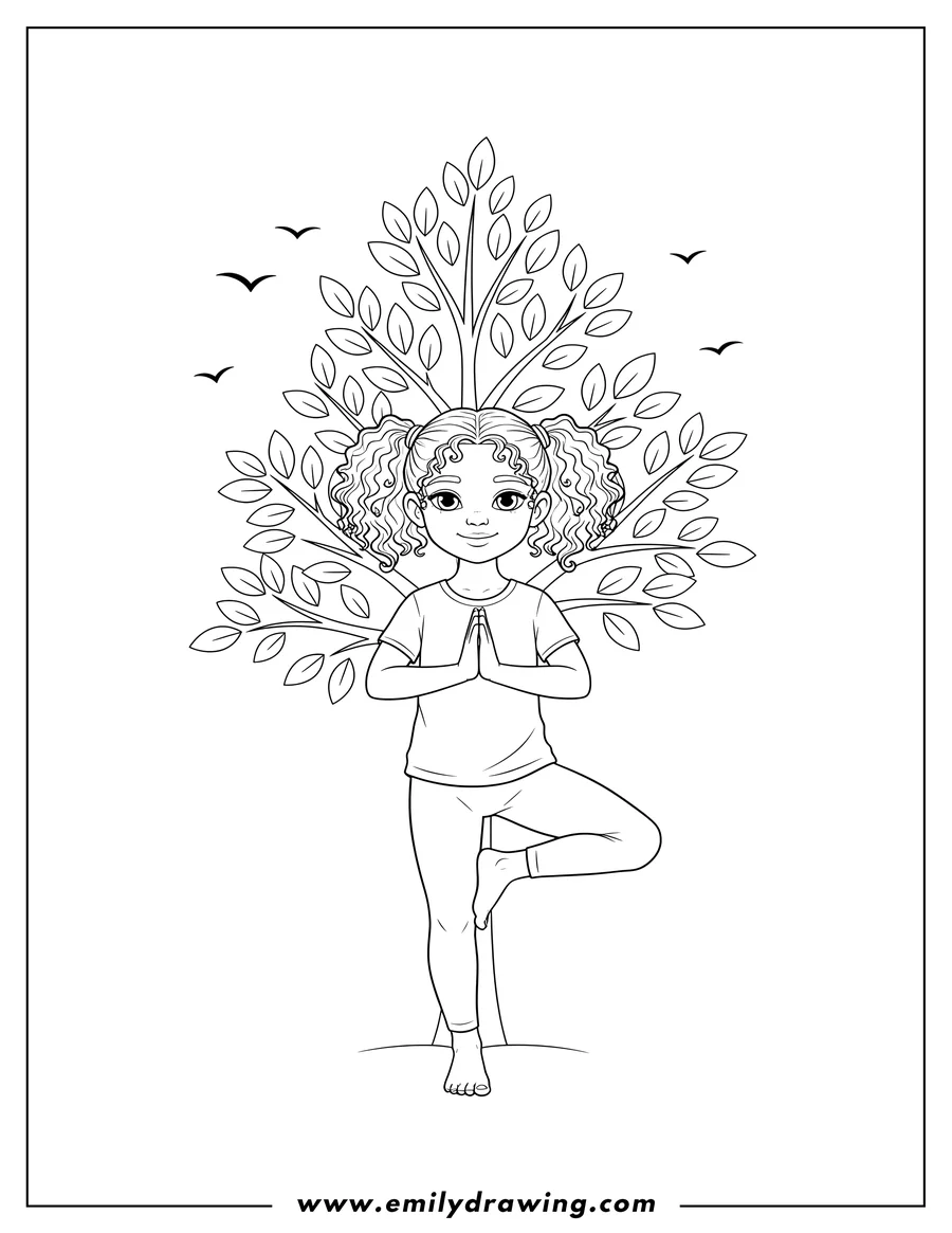 Free to print drawing of girl Tree Yoga Pose with hands pressed together and curly pigtails