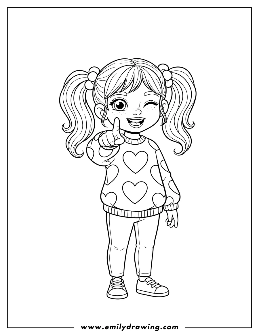 Linear illustration of cute girl winking, pointing, and smiling, wearing a heart-patterned sweatshirt