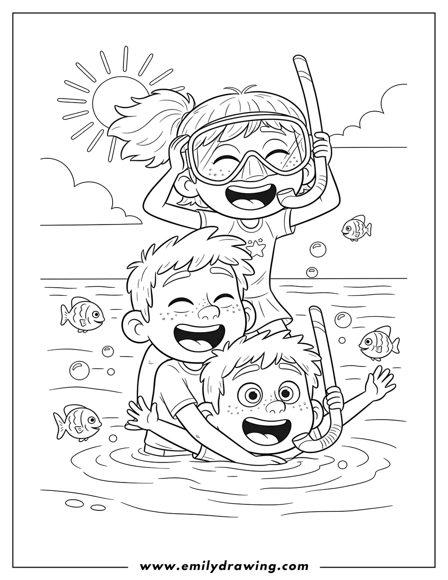 Downloadable coloring page of giulia Alberto And Luca stacked and laughing in the sea, with Giulia wearing a snorkel mask