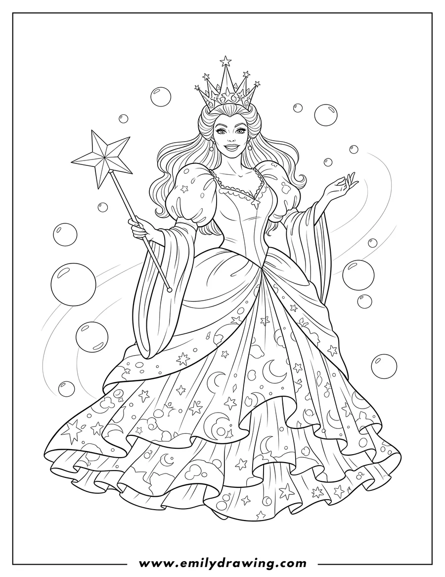PDF style coloring page: glinda wearing a crown and an elaborate gown, smiling and waving her wand while surrounded by bubbles