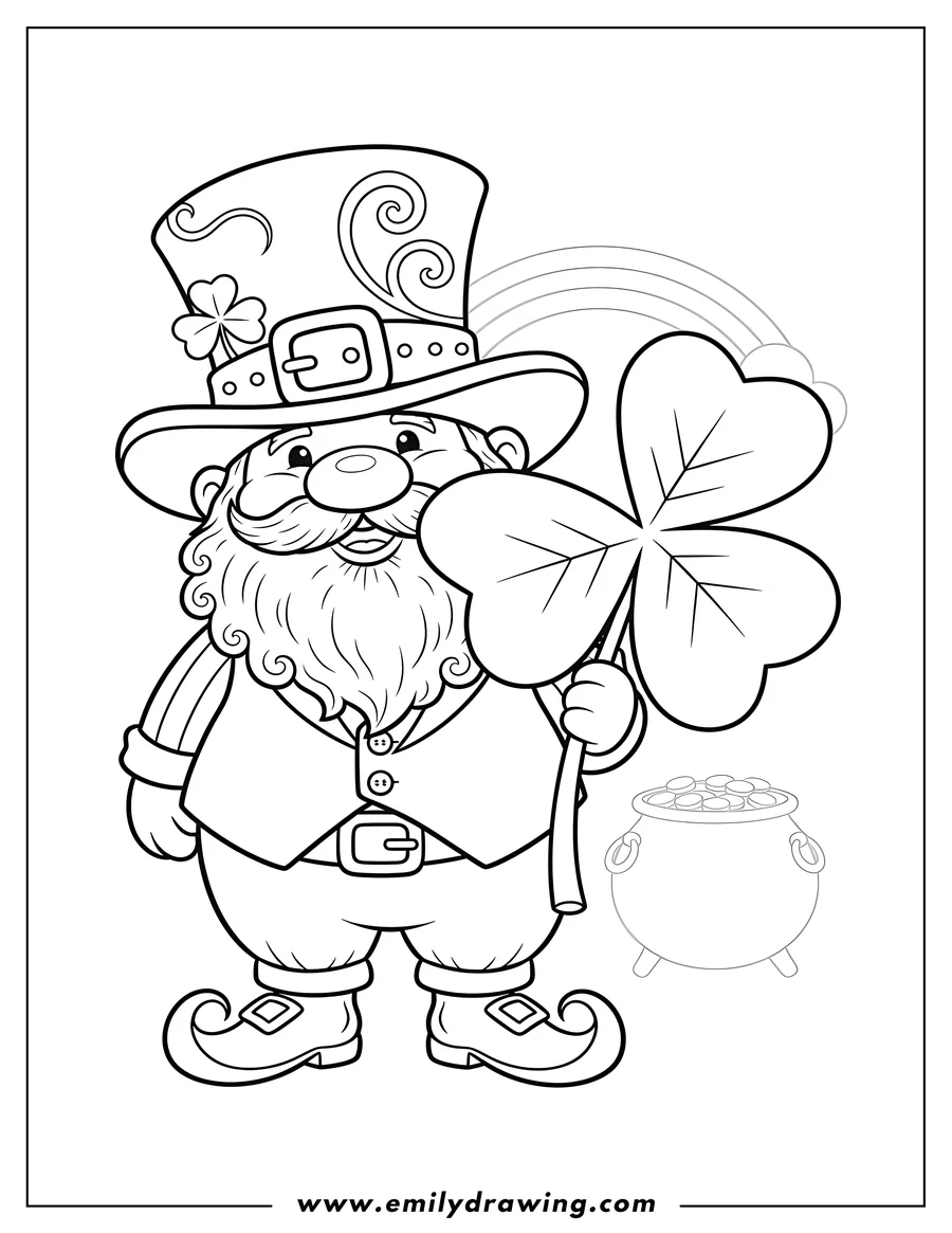 Simple sketch of cute gnome leprechaun in a top hat holding a large shamrock to color to color