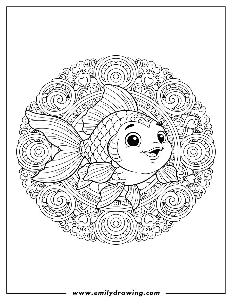 Coloring page for kids: cute goldfish in a swirly mandala