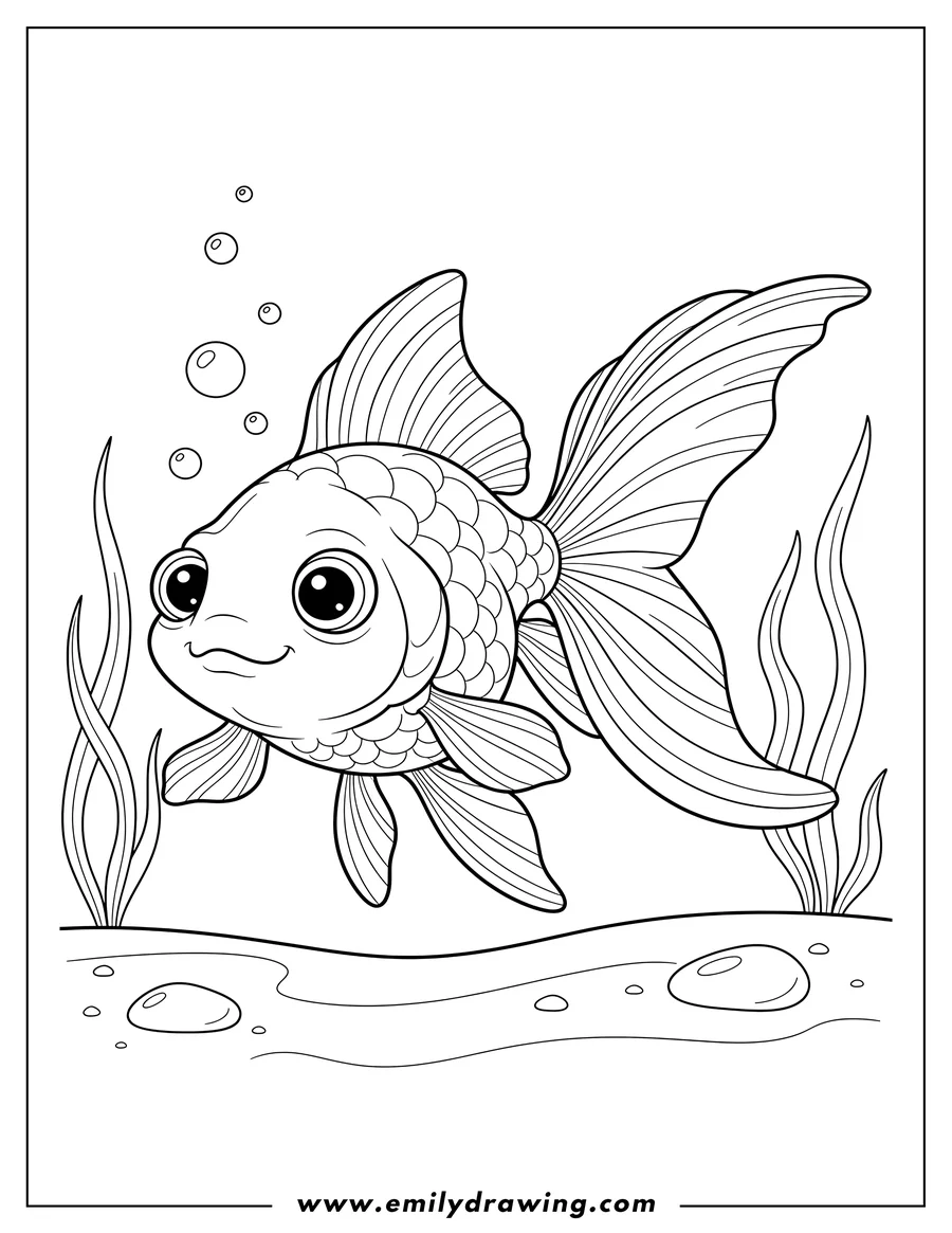 Vector style outline of goldfish With Large Eyes, swimming with flowing fins